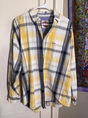 Larro Shirts Yellow Navy Plaid Button Down Shirt 100% Cotton - Large